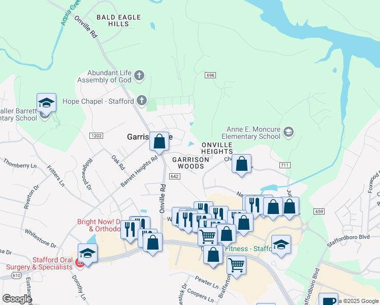 map of restaurants, bars, coffee shops, grocery stores, and more near 200 Garrison Woods Drive in Stafford
