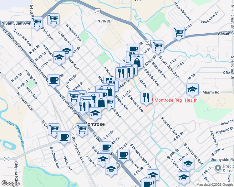map of restaurants, bars, coffee shops, grocery stores, and more near 101 South Mesa Avenue in Montrose