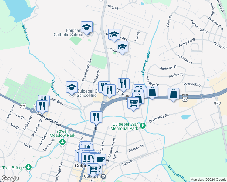 map of restaurants, bars, coffee shops, grocery stores, and more near 120 Sycamore Street in Culpeper