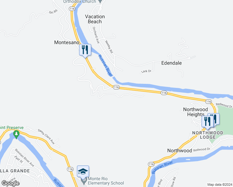 map of restaurants, bars, coffee shops, grocery stores, and more near 18433 Old Monte Rio Road in Guerneville