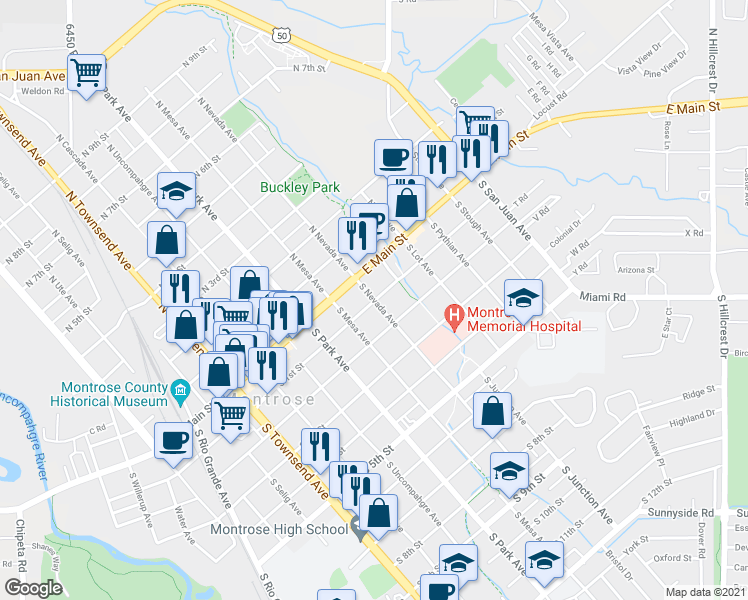 map of restaurants, bars, coffee shops, grocery stores, and more near 100 South Nevada Avenue in Montrose