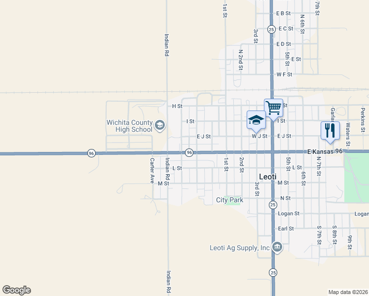 map of restaurants, bars, coffee shops, grocery stores, and more near 601-651 Broadway St in Leoti