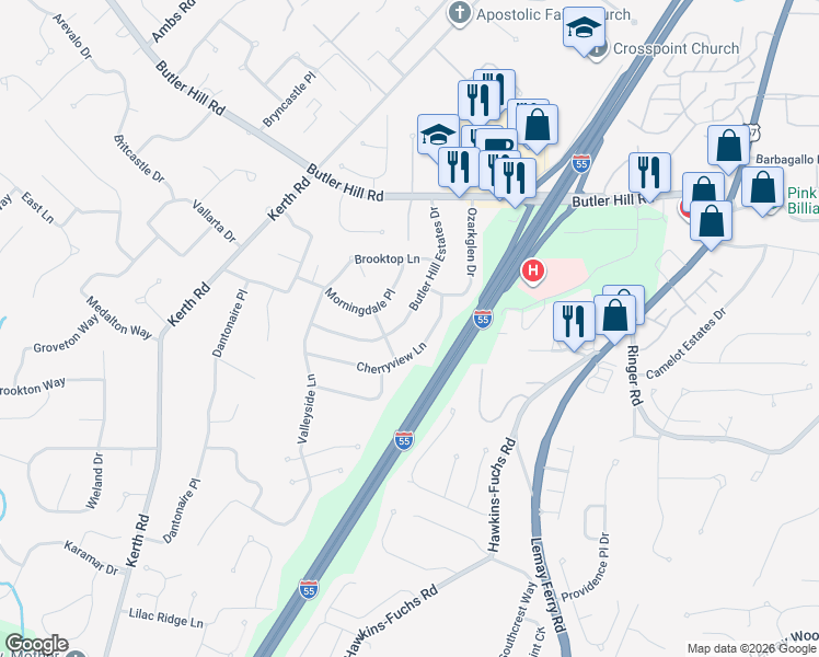 map of restaurants, bars, coffee shops, grocery stores, and more near 5369 Cherryview Lane in St. Louis