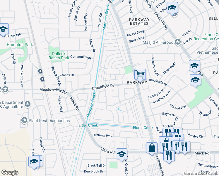 map of restaurants, bars, coffee shops, grocery stores, and more near 26 Hedgerow Court in Sacramento