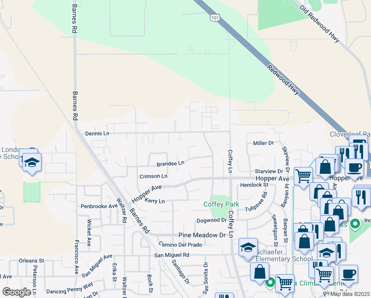 map of restaurants, bars, coffee shops, grocery stores, and more near 3721 Espresso Court in Santa Rosa