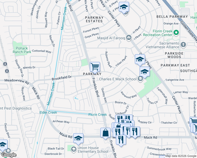 map of restaurants, bars, coffee shops, grocery stores, and more near 7605 Franklin Boulevard in Sacramento