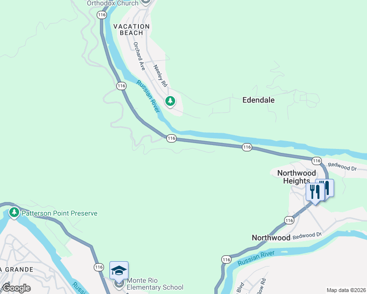 map of restaurants, bars, coffee shops, grocery stores, and more near 18550 Old Monte Rio Road in Guerneville