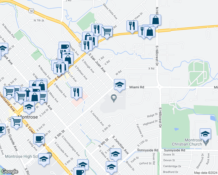 map of restaurants, bars, coffee shops, grocery stores, and more near 699 South Stough Avenue in Montrose