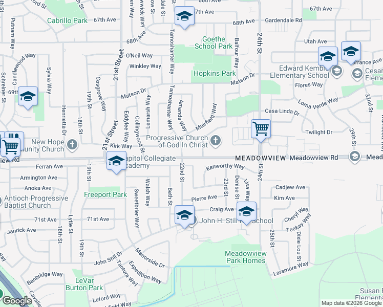 map of restaurants, bars, coffee shops, grocery stores, and more near 2201 Babette Way in Sacramento