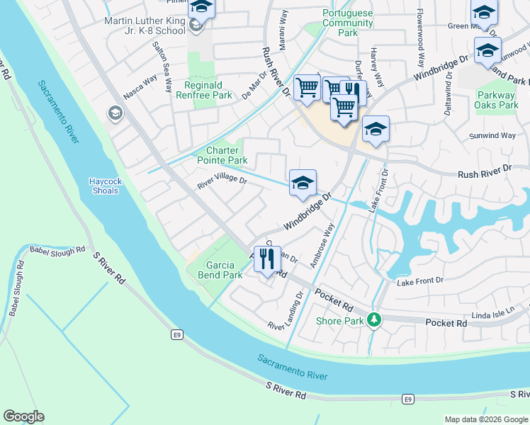 map of restaurants, bars, coffee shops, grocery stores, and more near 7730 Windbridge Drive in Sacramento