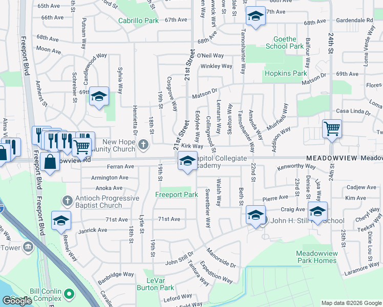 map of restaurants, bars, coffee shops, grocery stores, and more near 2125 Meadowview Road in Sacramento