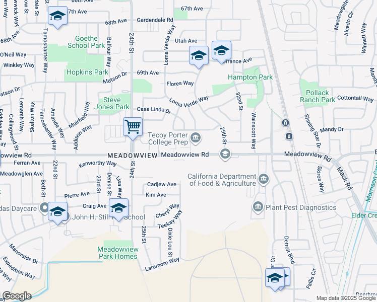 map of restaurants, bars, coffee shops, grocery stores, and more near 2797 Meadowview Road in Sacramento