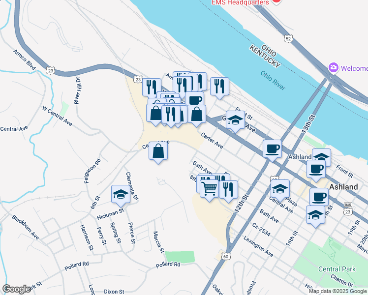 map of restaurants, bars, coffee shops, grocery stores, and more near 515-599 8th Street in Ashland