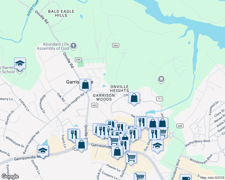 map of restaurants, bars, coffee shops, grocery stores, and more near 501 Garrison Woods Drive in Stafford