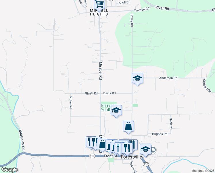 map of restaurants, bars, coffee shops, grocery stores, and more near 6660 Davis Road in Forestville