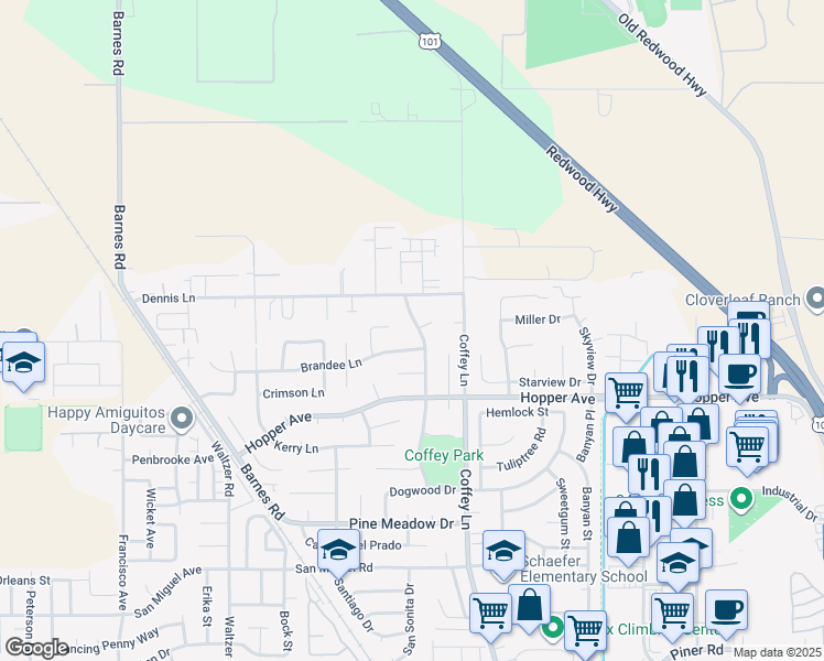 map of restaurants, bars, coffee shops, grocery stores, and more near 1612 Brandee Lane in Santa Rosa