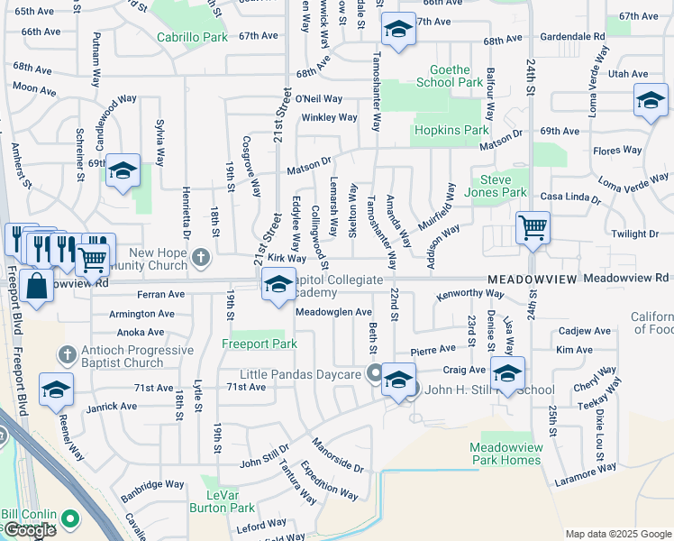 map of restaurants, bars, coffee shops, grocery stores, and more near 2171 Meadowview Road in Sacramento