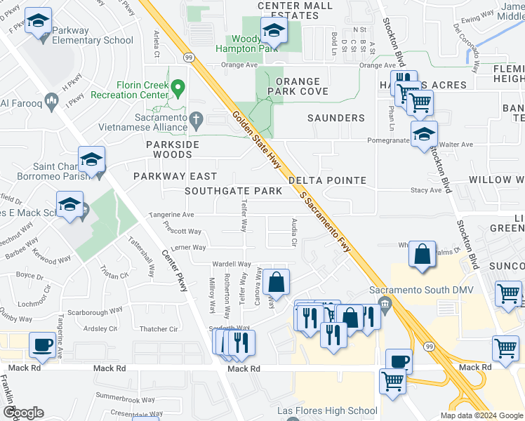map of restaurants, bars, coffee shops, grocery stores, and more near 5863 Tangerine Avenue in Sacramento