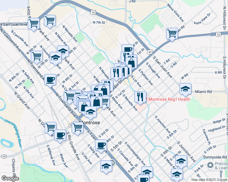 map of restaurants, bars, coffee shops, grocery stores, and more near 745 East Main Street in Montrose