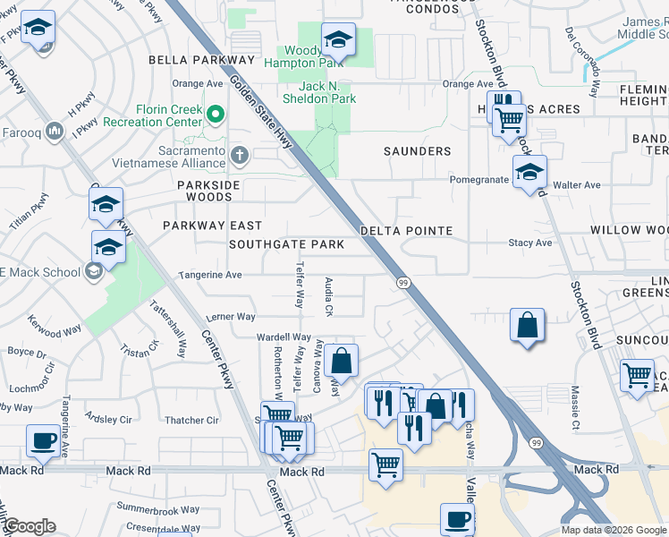 map of restaurants, bars, coffee shops, grocery stores, and more near 5865 Stallon Way in Sacramento