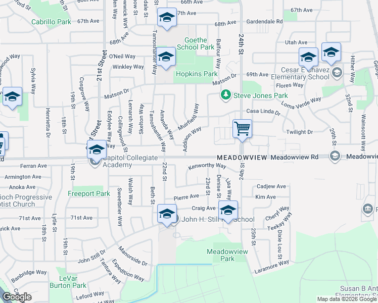 map of restaurants, bars, coffee shops, grocery stores, and more near 7719 Addison Way in Sacramento