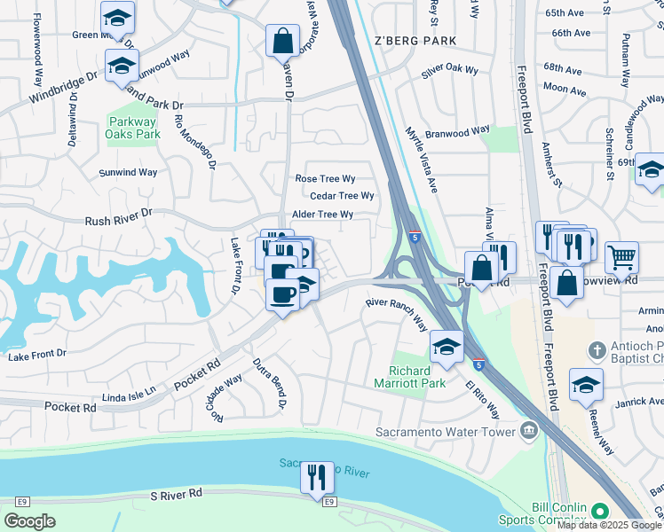 map of restaurants, bars, coffee shops, grocery stores, and more near 7 Florence Court in Sacramento