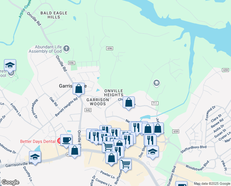 map of restaurants, bars, coffee shops, grocery stores, and more near 503 Garrison Woods Drive in Stafford