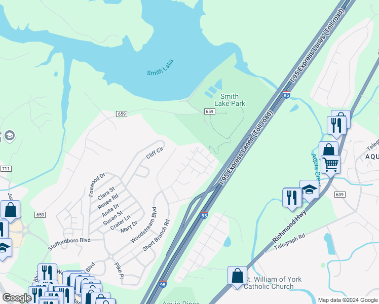 map of restaurants, bars, coffee shops, grocery stores, and more near 111 Magnes Place in Stafford