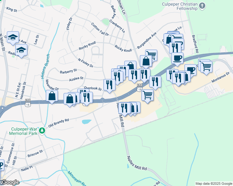map of restaurants, bars, coffee shops, grocery stores, and more near 743 Dominion Square Shopping Center in Culpeper