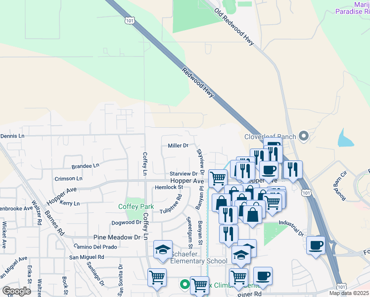 map of restaurants, bars, coffee shops, grocery stores, and more near 3845 Willowview Court in Santa Rosa
