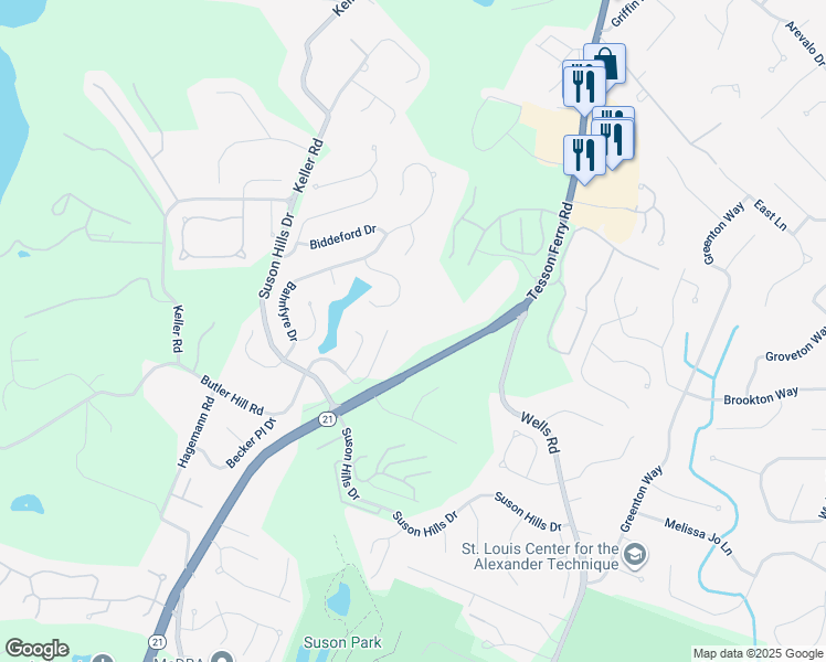 map of restaurants, bars, coffee shops, grocery stores, and more near 5300 Butler Hill Road in St. Louis