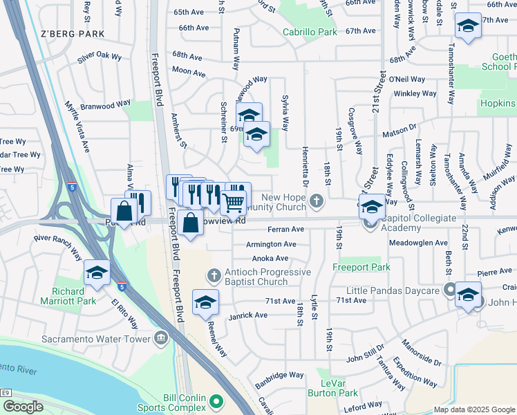 map of restaurants, bars, coffee shops, grocery stores, and more near 1590 Glidden Avenue in Sacramento