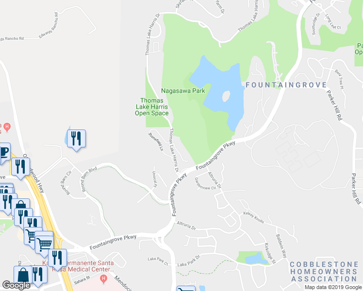 map of restaurants, bars, coffee shops, grocery stores, and more near 2092 Stonefield Lane in Santa Rosa