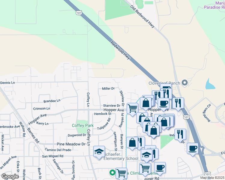 map of restaurants, bars, coffee shops, grocery stores, and more near 3845 Willowview Court in Santa Rosa