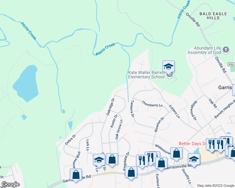 map of restaurants, bars, coffee shops, grocery stores, and more near 401 Oakridge Drive in Stafford