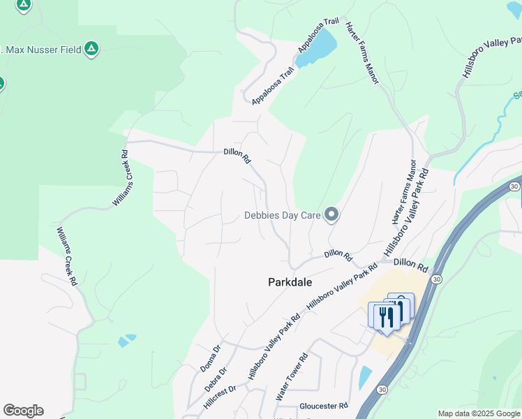 map of restaurants, bars, coffee shops, grocery stores, and more near 2114 Linnus Drive in High Ridge
