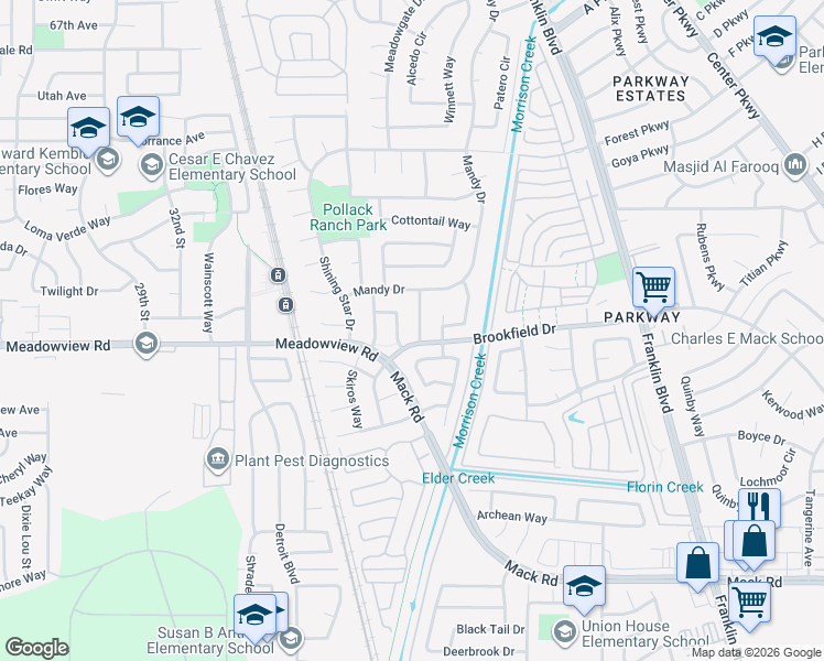 map of restaurants, bars, coffee shops, grocery stores, and more near 3933 Bristlewood Way in Sacramento