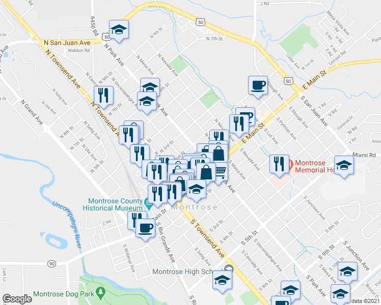 map of restaurants, bars, coffee shops, grocery stores, and more near 522 North 2nd Street in Montrose