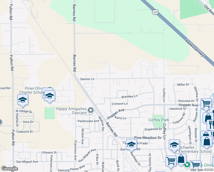 map of restaurants, bars, coffee shops, grocery stores, and more near 2110 Dennis Lane in Santa Rosa