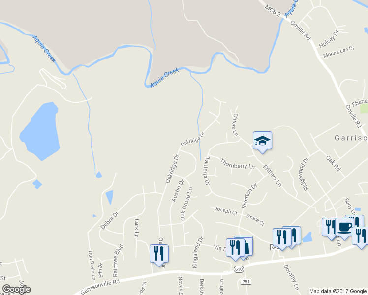 map of restaurants, bars, coffee shops, grocery stores, and more near 401 Oakridge Drive in Stafford