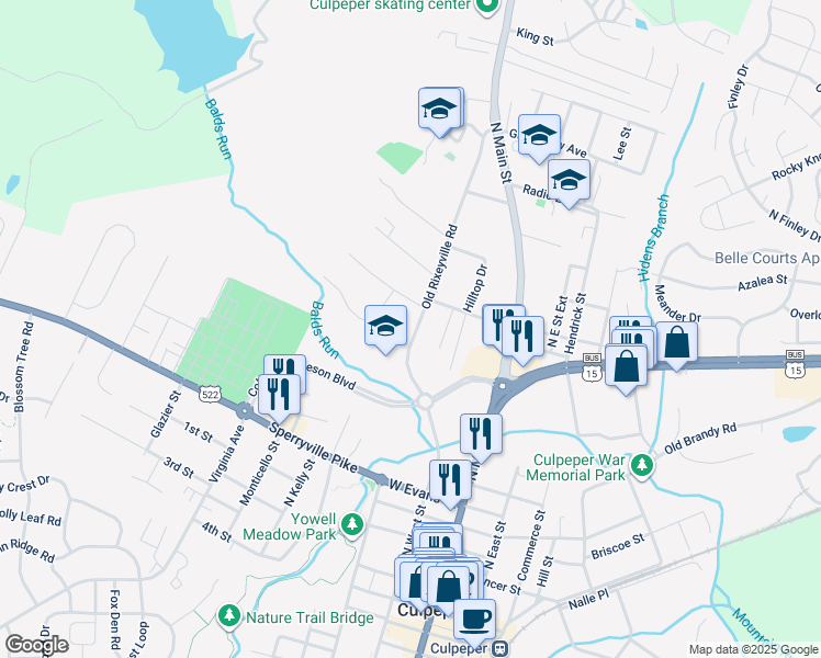 map of restaurants, bars, coffee shops, grocery stores, and more near 826 Old Rixeyville Road in Culpeper