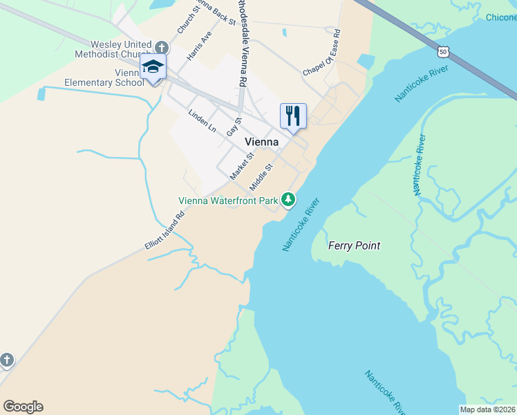 map of restaurants, bars, coffee shops, grocery stores, and more near 108 Church Street in Mardela Springs