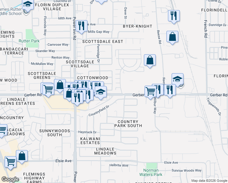 map of restaurants, bars, coffee shops, grocery stores, and more near 8221 Cottonfield Way in Sacramento