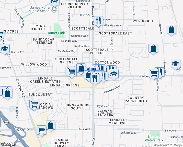 map of restaurants, bars, coffee shops, grocery stores, and more near 8021 Renton Way in Sacramento
