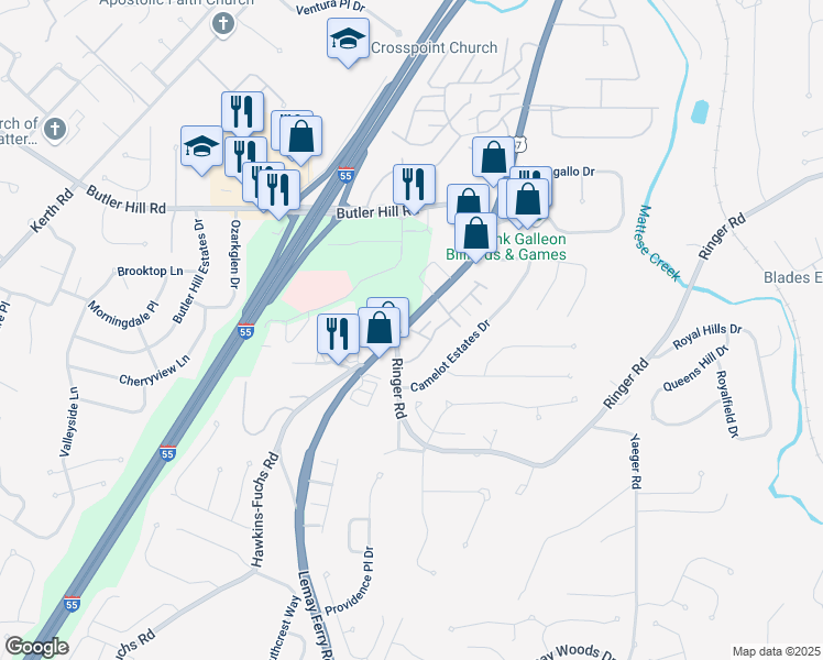 map of restaurants, bars, coffee shops, grocery stores, and more near 5269 Sir Bors Court in St. Louis