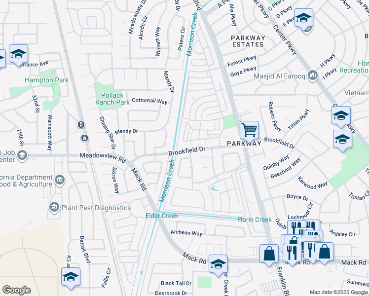 map of restaurants, bars, coffee shops, grocery stores, and more near 4115 Brookfield Drive in Sacramento