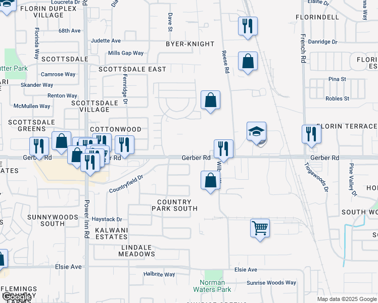 map of restaurants, bars, coffee shops, grocery stores, and more near 8285 Gerber Road in Sacramento