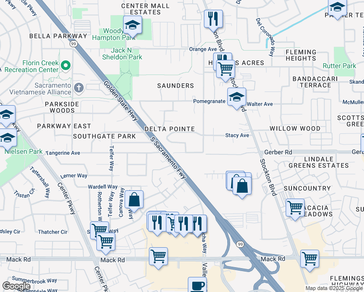 map of restaurants, bars, coffee shops, grocery stores, and more near 6002 Stacy Avenue in Sacramento