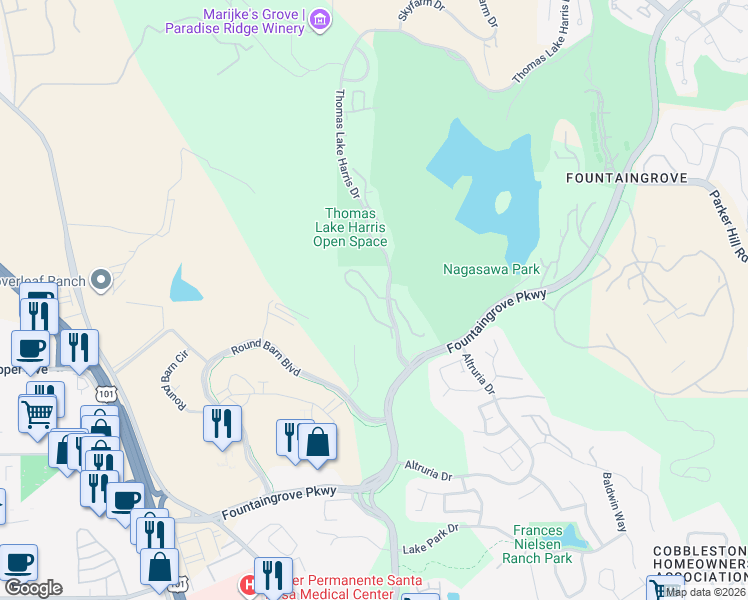 map of restaurants, bars, coffee shops, grocery stores, and more near 2118 Stonefield Lane in Santa Rosa