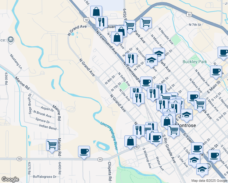 map of restaurants, bars, coffee shops, grocery stores, and more near 18 North 7th Street in Montrose